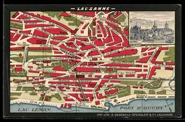 Lithographie Lausanne, Plan de la ville, Lac Léman, Port d`O